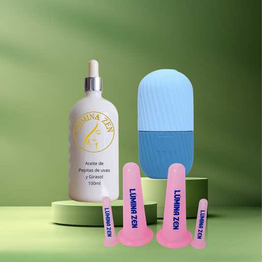 Pack Cuidado Facial Lumina Zen Beauty Aceite de pepitas de uva y Girasol + Piedra Gua Sha + Ice Cube + Esponja Facial